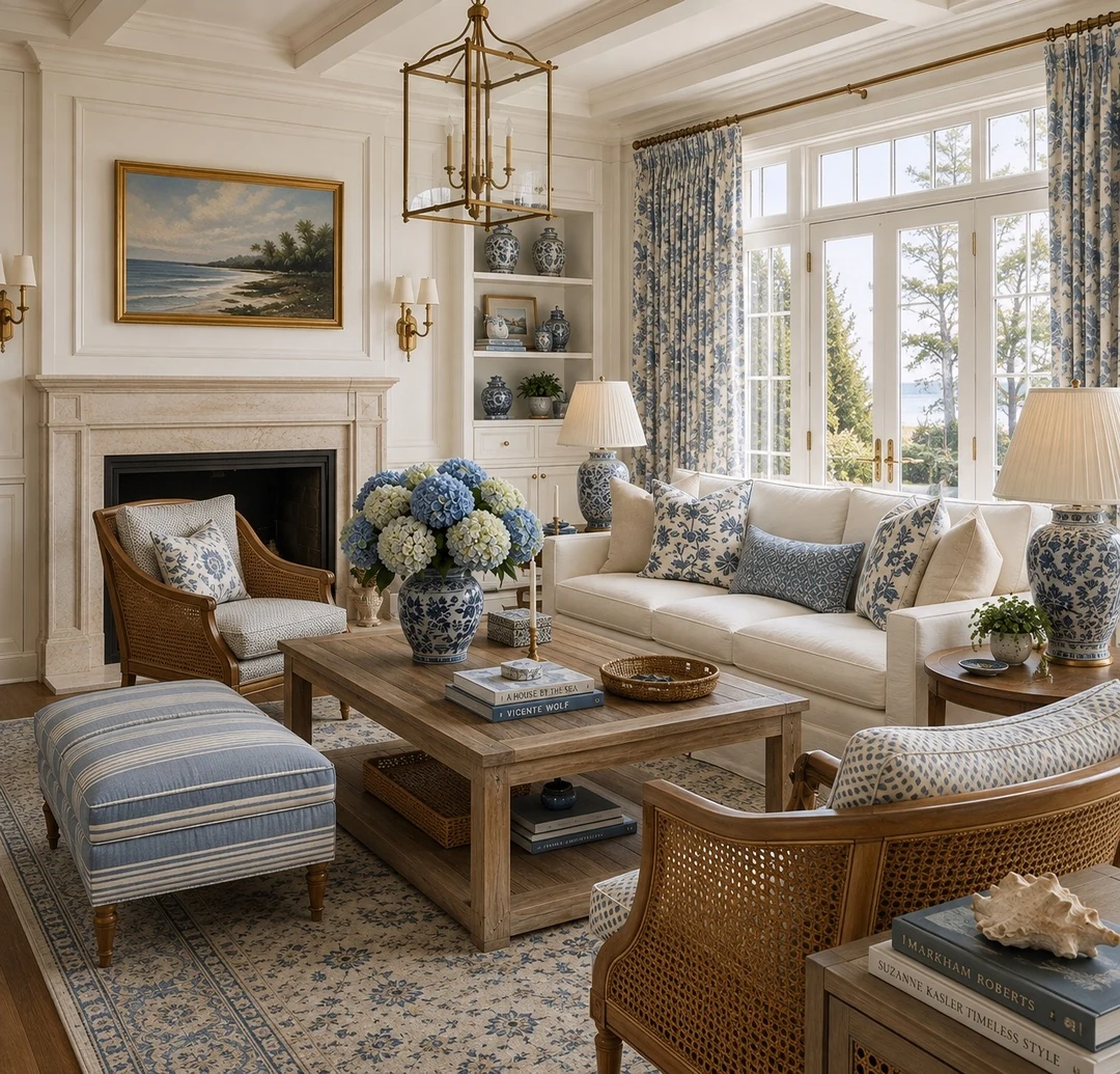 Coastal Estate living room with a coffered ceiling, panelled walls and a cast-stone fireplace