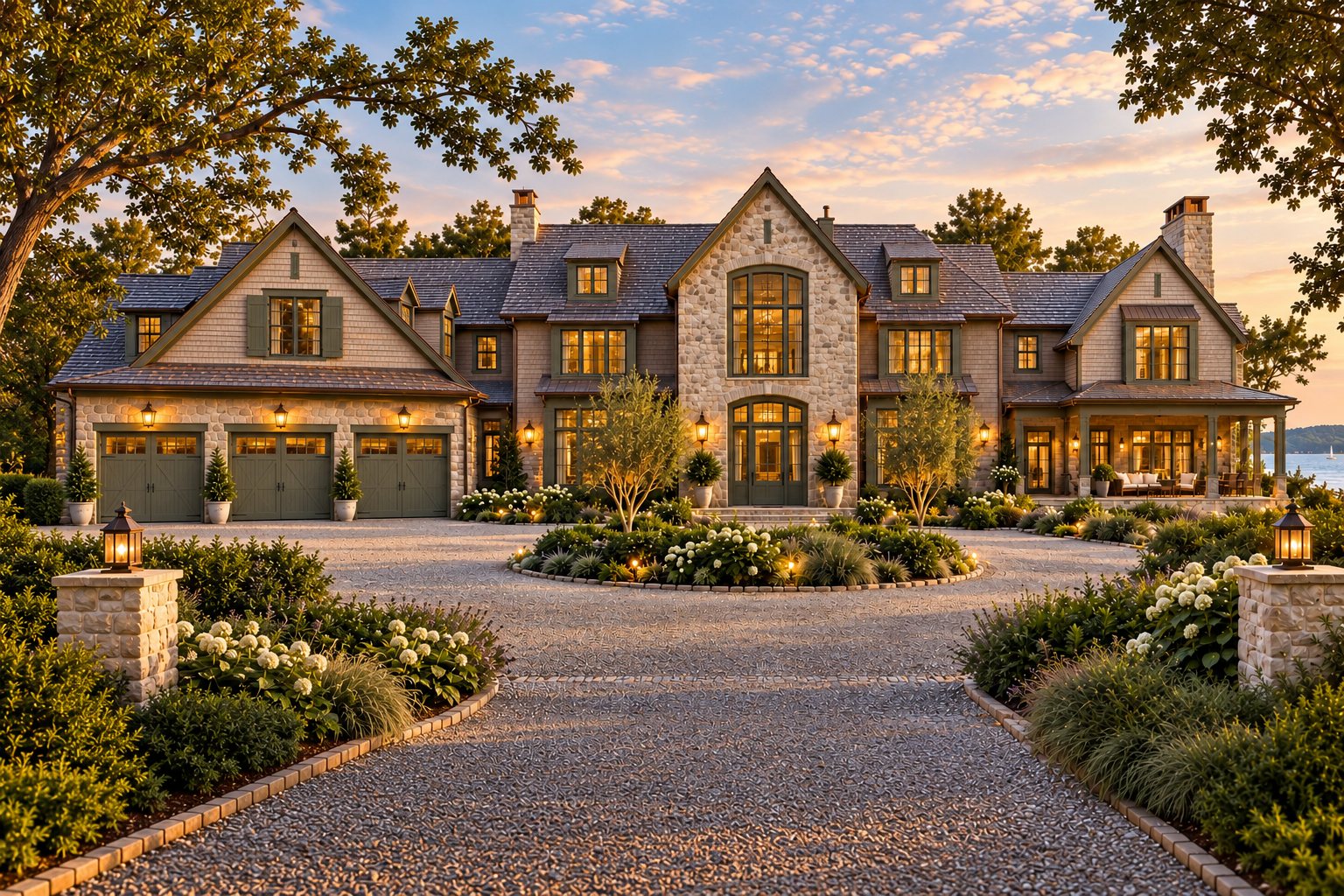 Bar Harbor — the largest home in the collection, a grand American coastal estate with expanded cedar-shingle wings flanking a central fieldstone gable, multiple dormers, two stone chimneys, a three-car garage and a covered porch, approached across a broad gravel motor court
