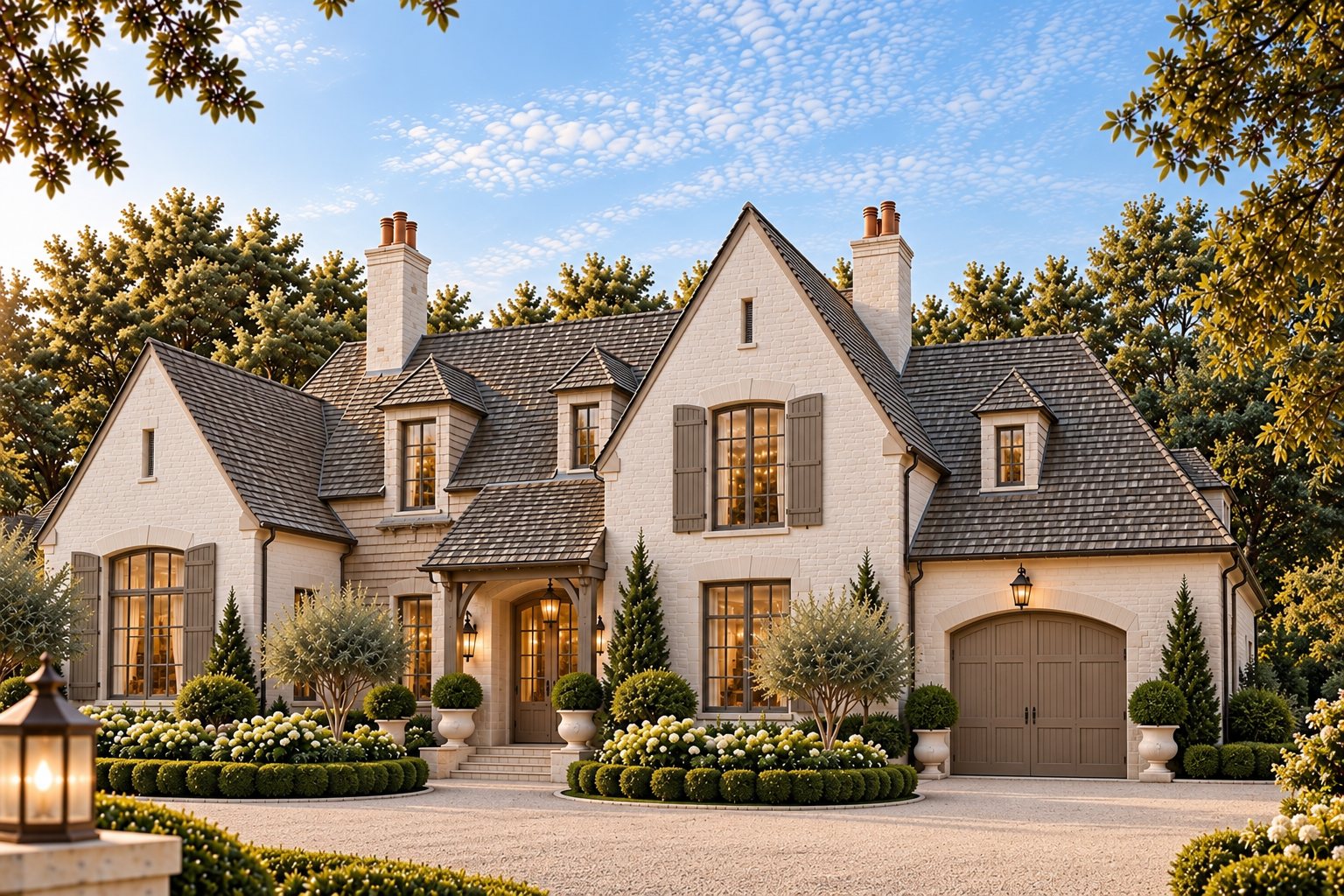 Bellamy — a balanced family-estate composition in ivory masonry, with a timbered entry canopy, steep slate roof, taupe shutters and olive trees against formal low hedging