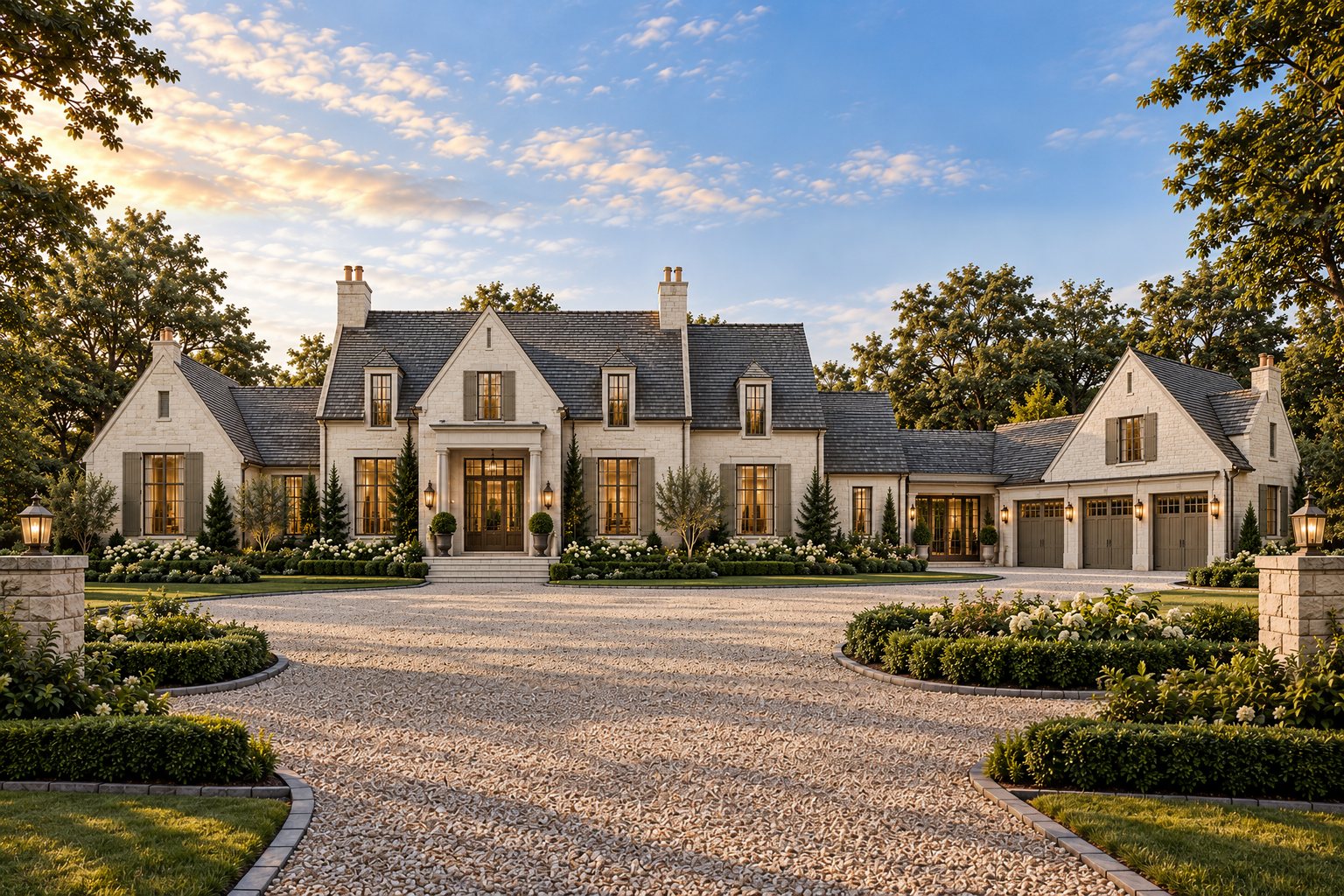 Chatham Estate — a New England estate with milky white cedar shingles, a weathered gray cedar roof and a three-car garage with cupola