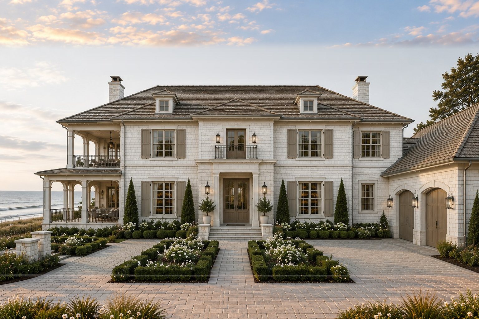 Harbor House — an oceanfront residence with white painted brick, warm limestone and aged bronze detailing