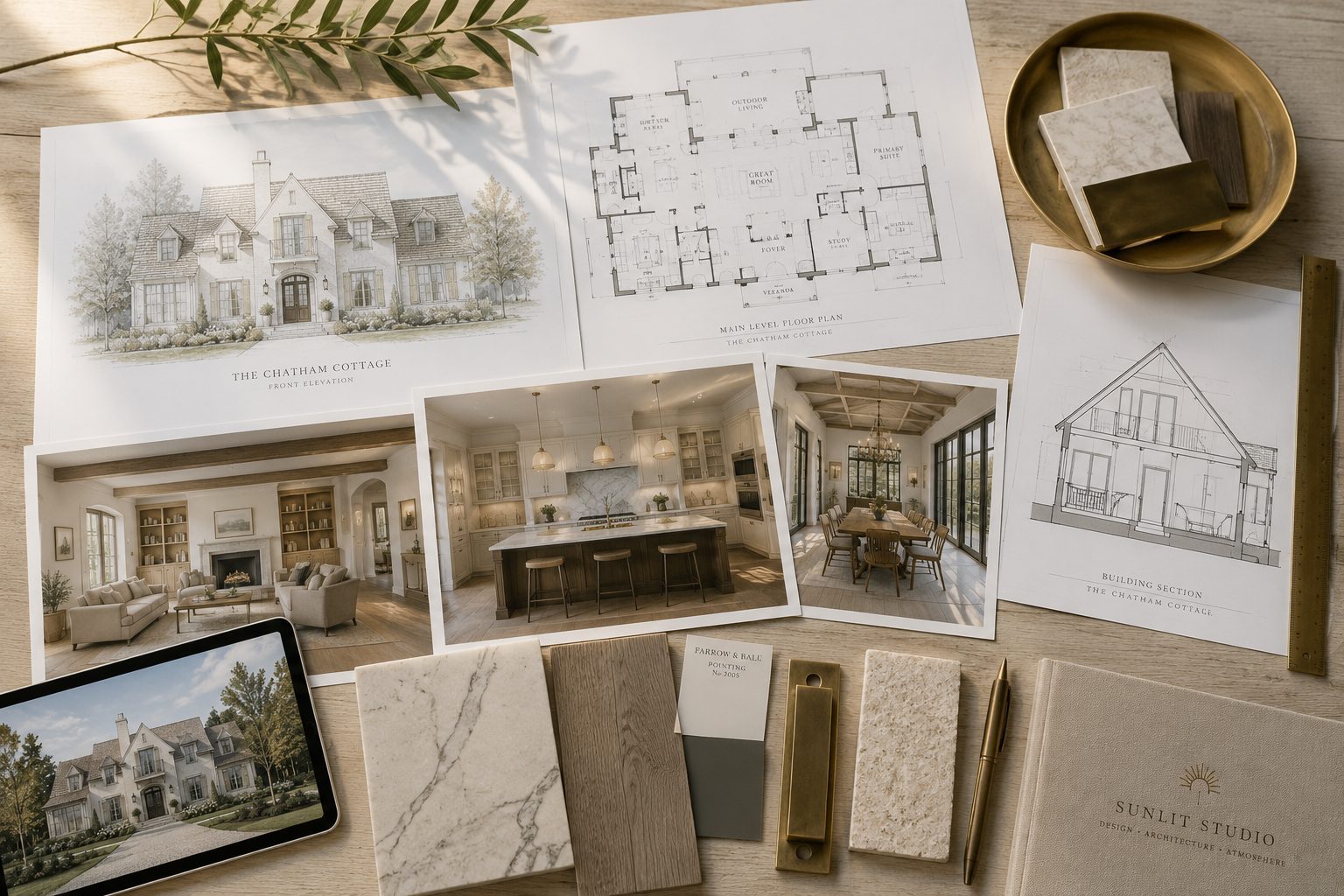Everything included in a Sunlit license — elevations, floor plans, room renders, material board, and building sections