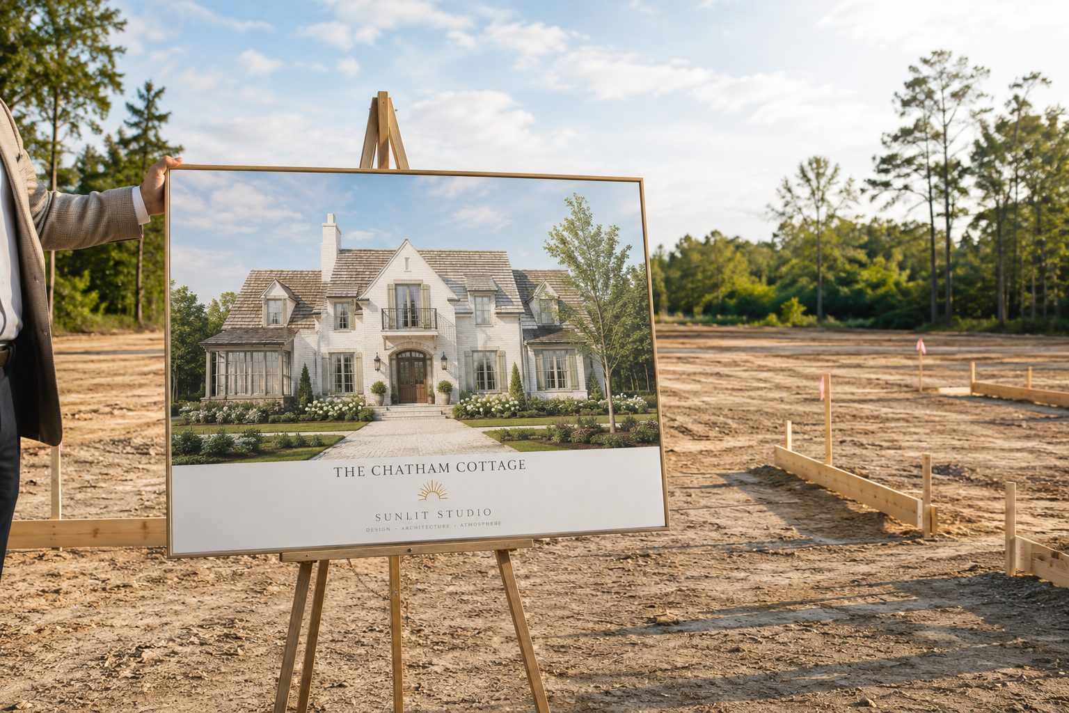 A finished Sunlit home rendered on a presentation board at a staked-out lot