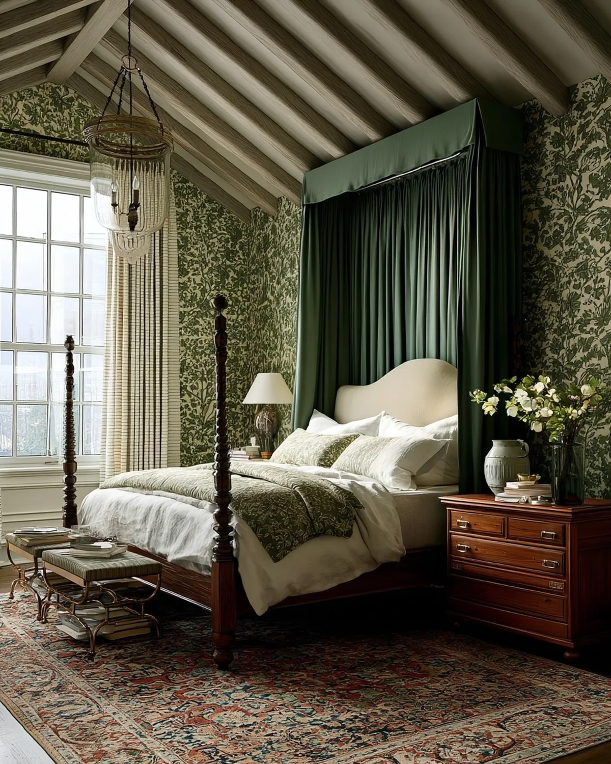 Canopy bed beneath a beamed ceiling with green drapery