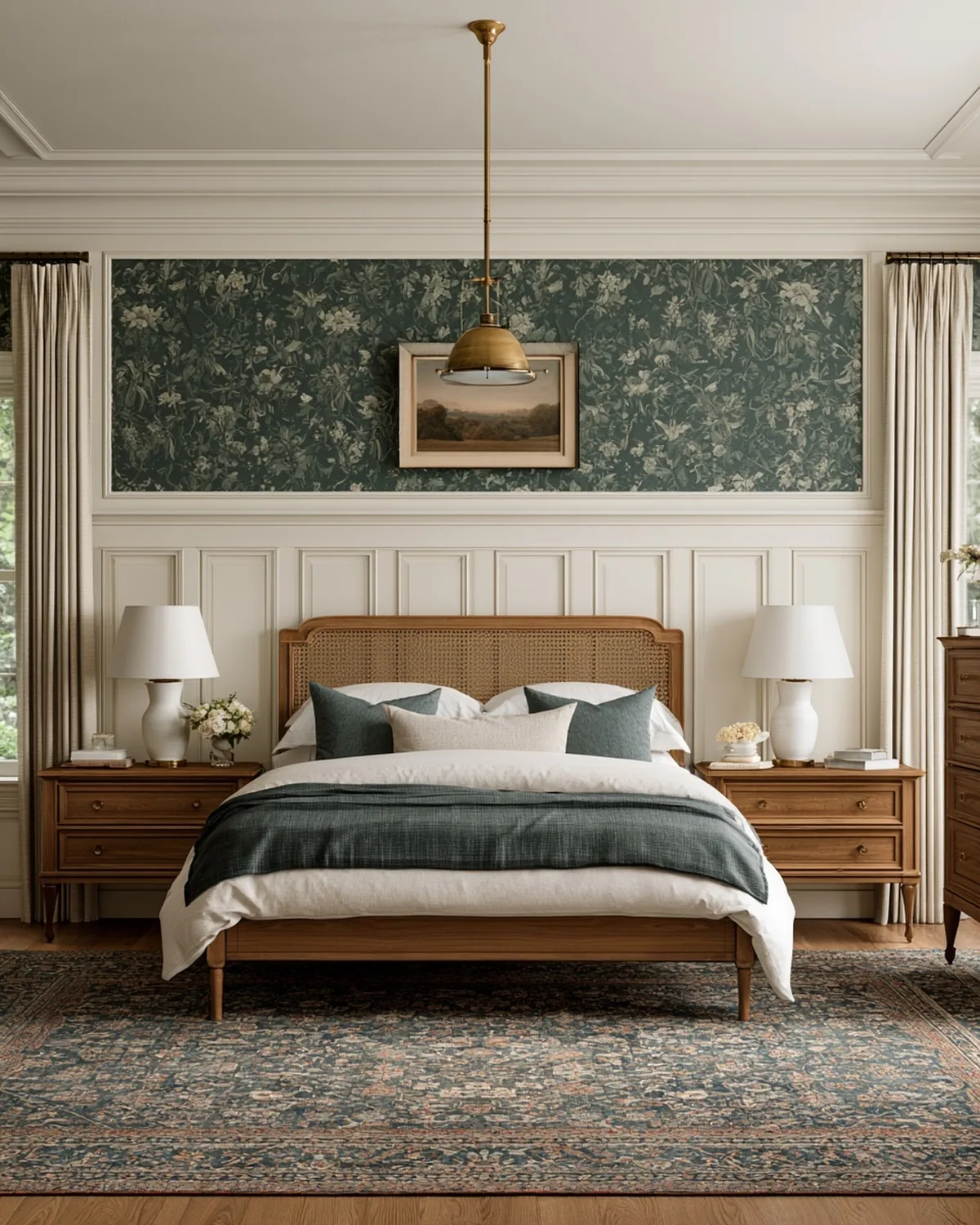Bedroom with a dark green wallpaper panel above white wainscoting