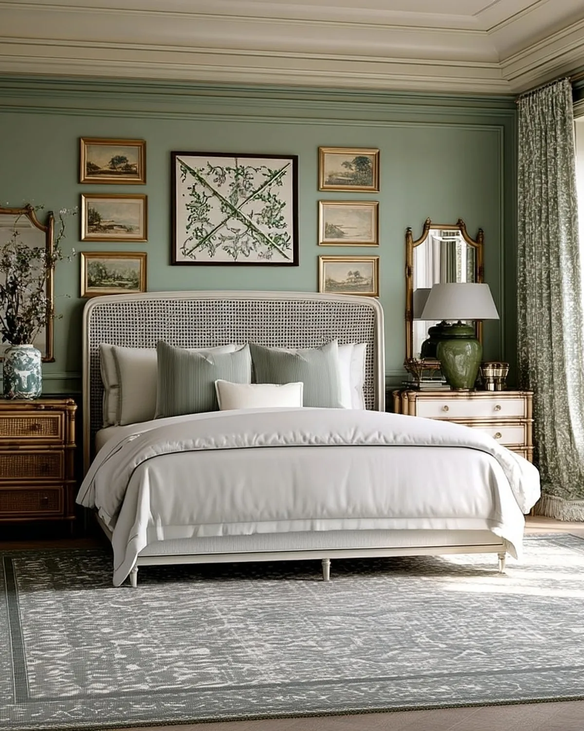 Sage bedroom with a cane headboard and a framed gallery wall