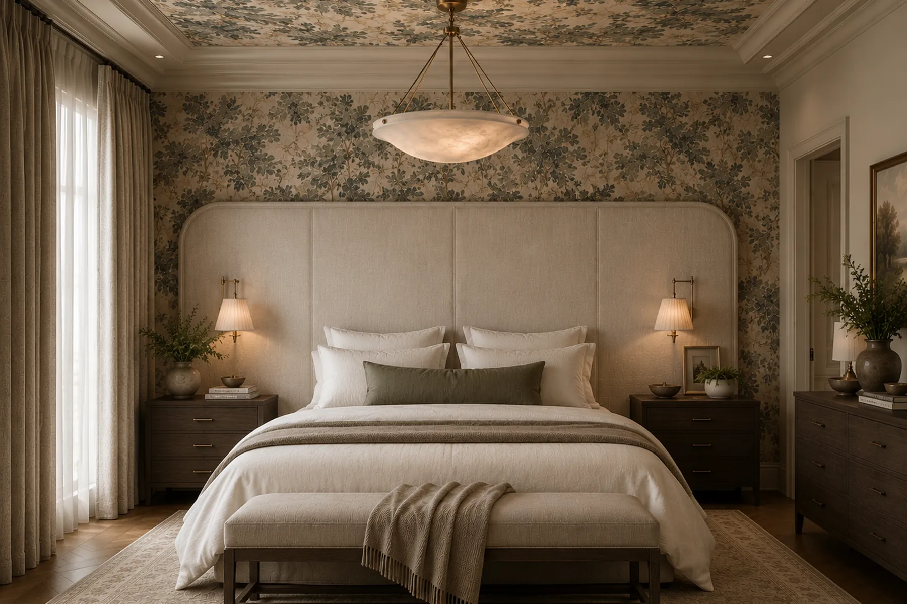 Bedroom with a papered ceiling, upholstered headboard wall and alabaster pendant