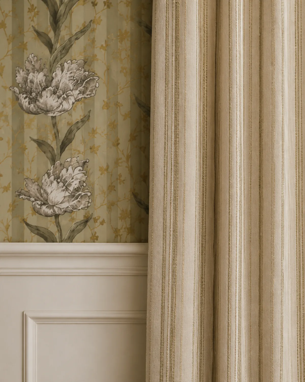 Patterned wallpaper on a bedroom wall