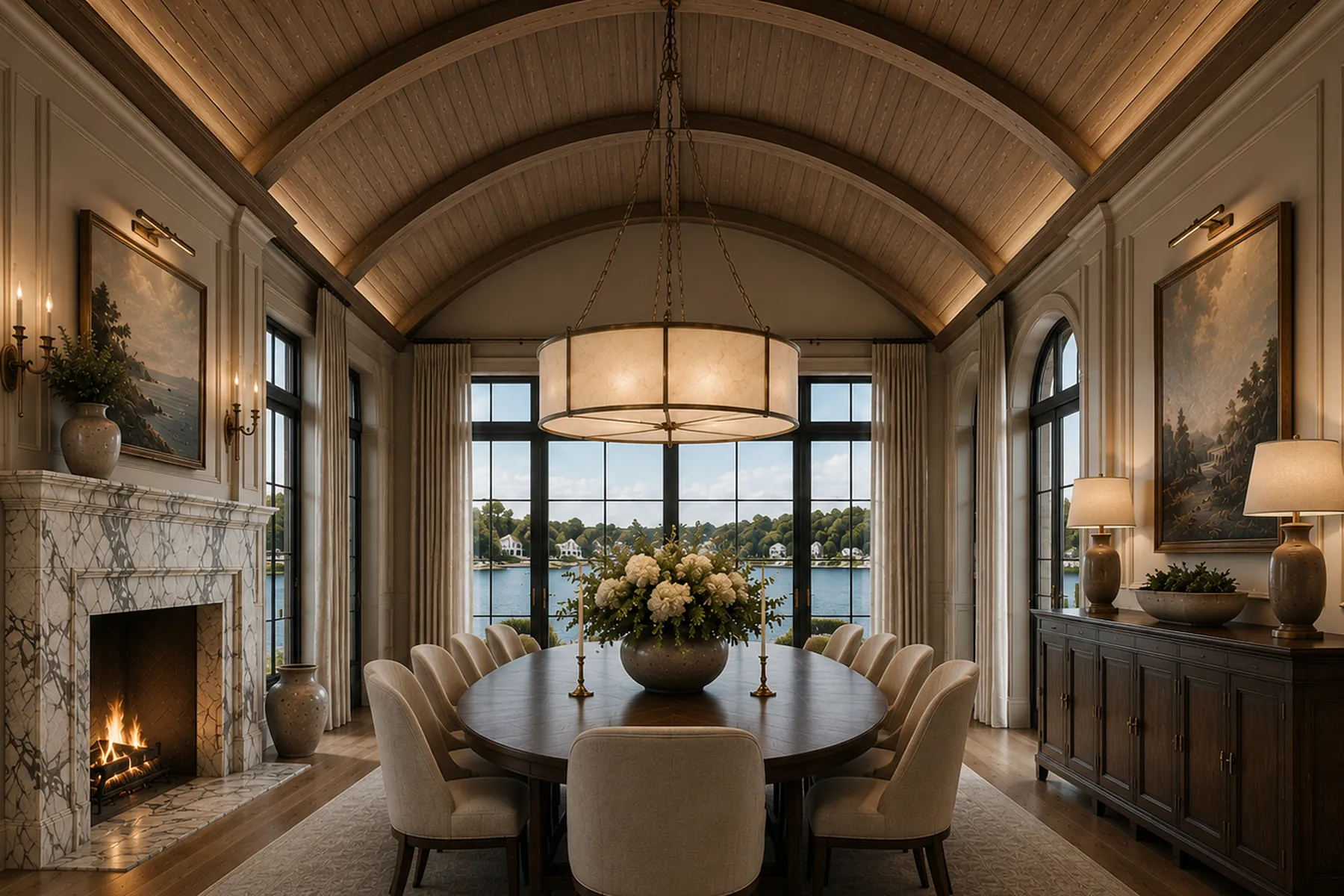 Dining room beneath a smoked oak barrel vault with a marble fireplace and water view