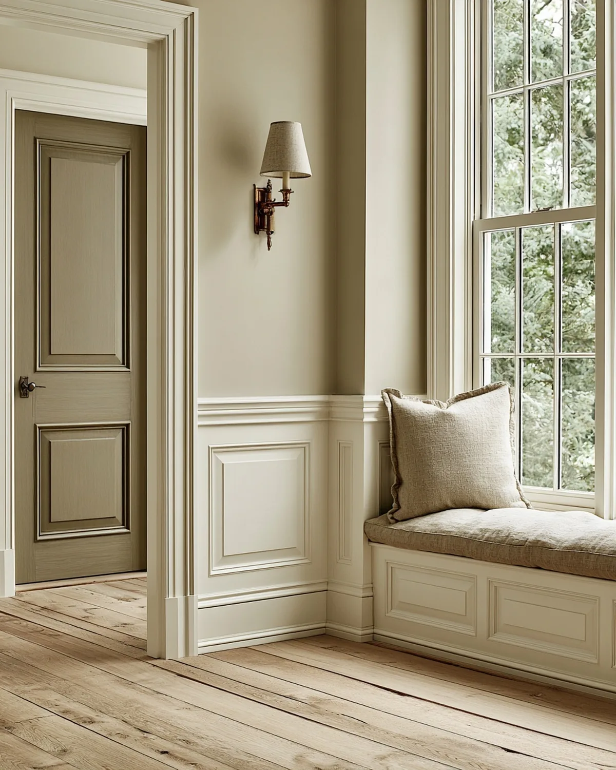 Hallway corner with panelled wainscoting, a taupe door and a brass sconce