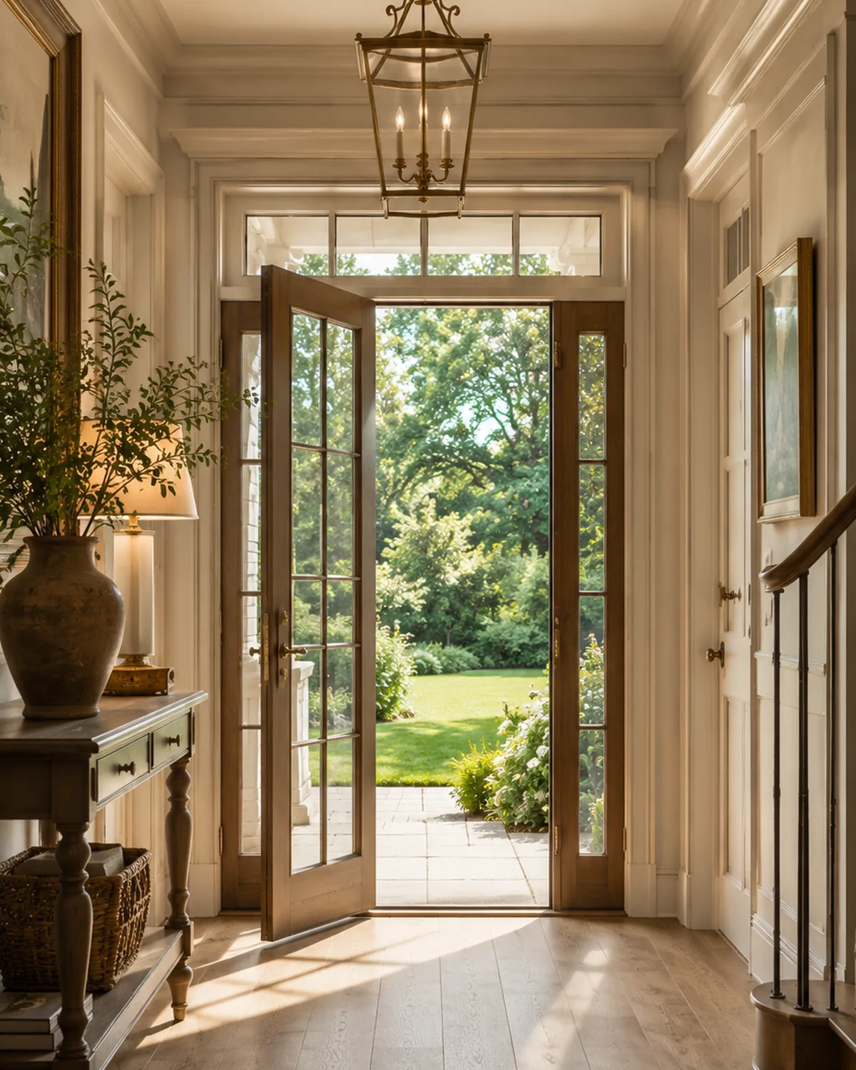 Entry hall with a brass lantern and doors open to the garden