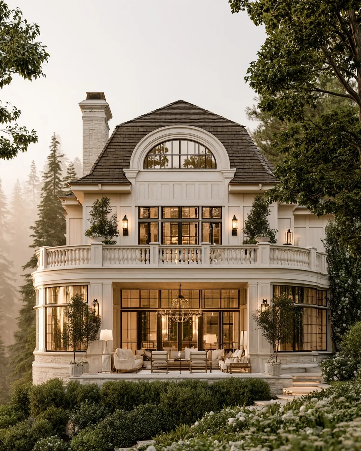 White house at dusk with a balustraded terrace and lit windows