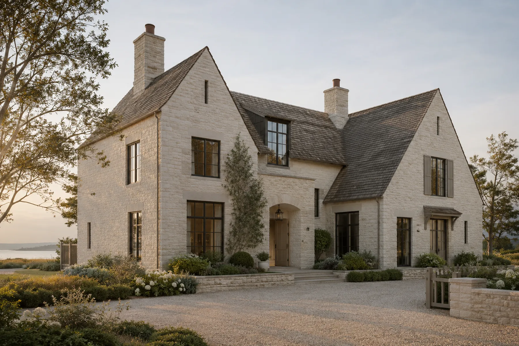 Stone house at dusk with steep gables and a gravel forecourt