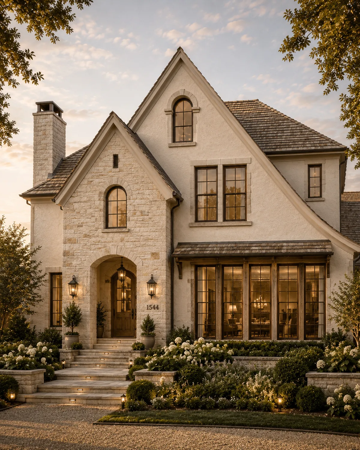 Stone and stucco house with an arched entry and lit windows