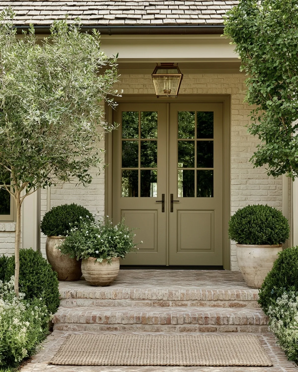 Front entry with olive double doors, limewashed brick and a brass lantern