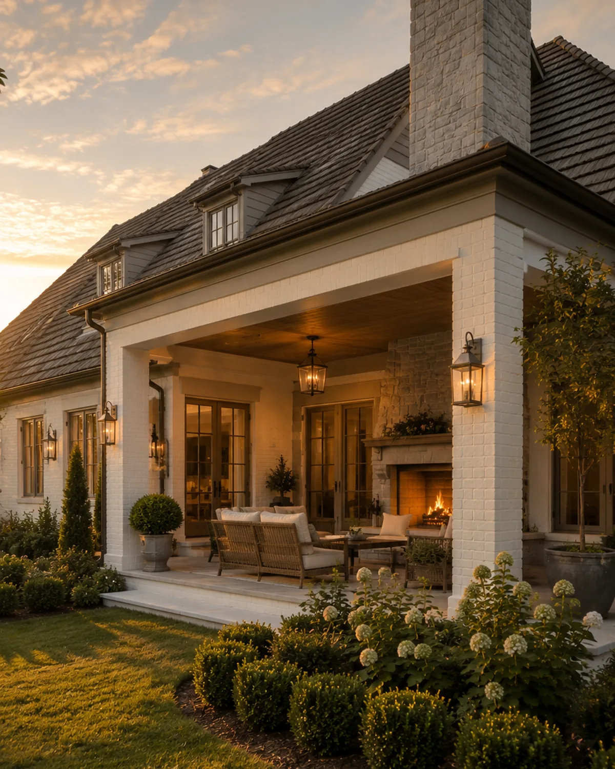 House at dusk with a covered porch, outdoor fireplace and lanterns