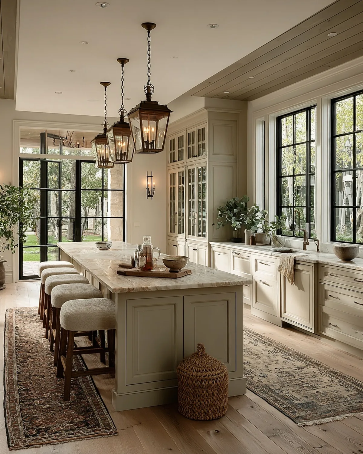 Kitchen with painted cabinetry and an oak island