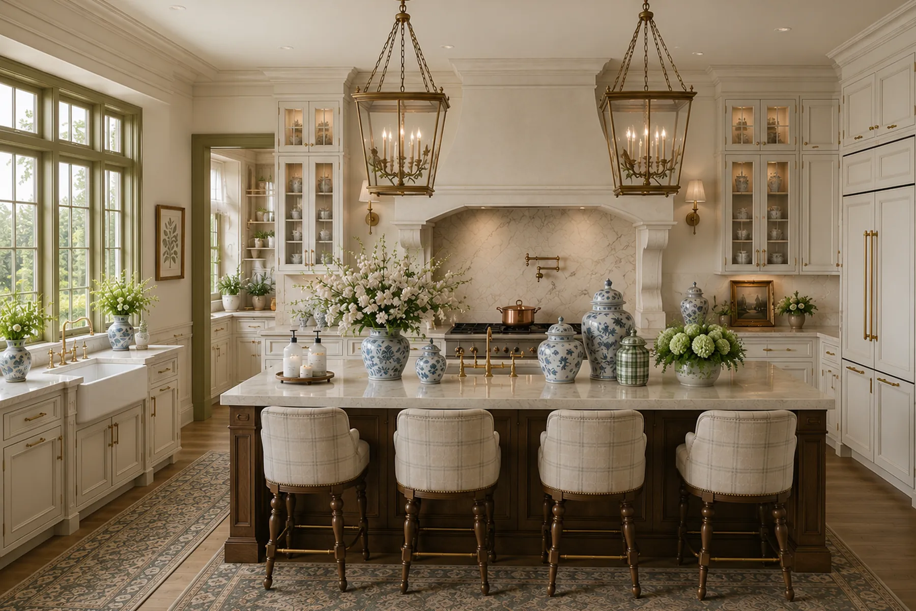 Cream kitchen with paired lanterns and four upholstered stools