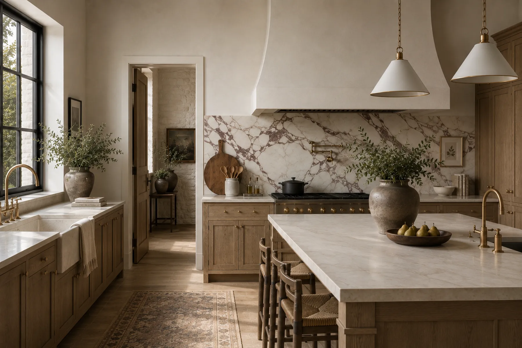 Kitchen in rift oak with a plaster hood and a marble slab backsplash