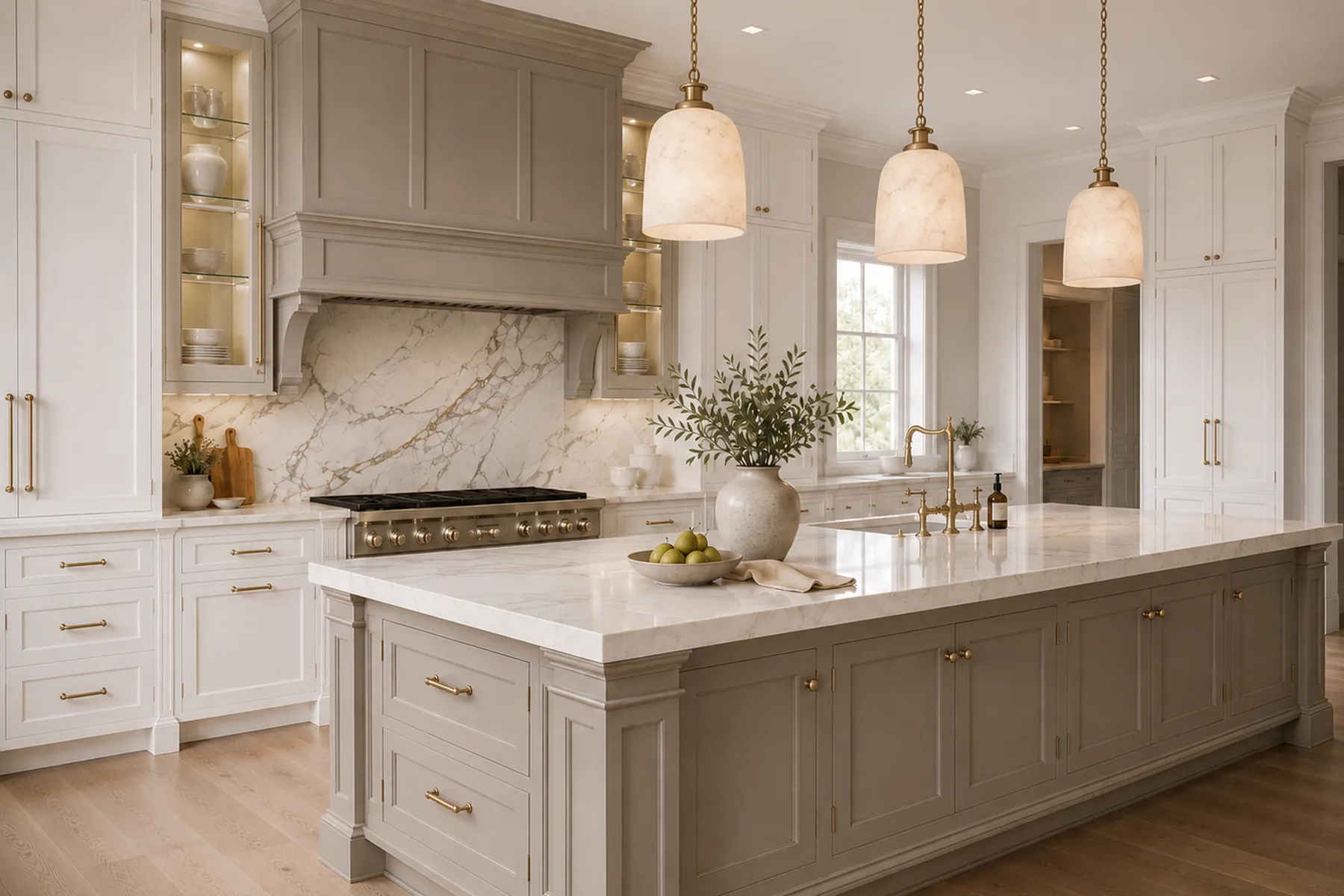Kitchen with a greige island, alabaster pendants and a marble backsplash