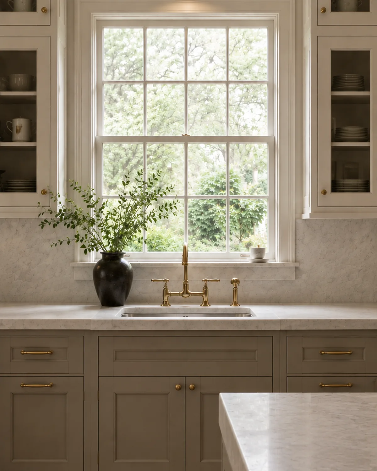 Kitchen window over the sink with a brass sconce and marble counters