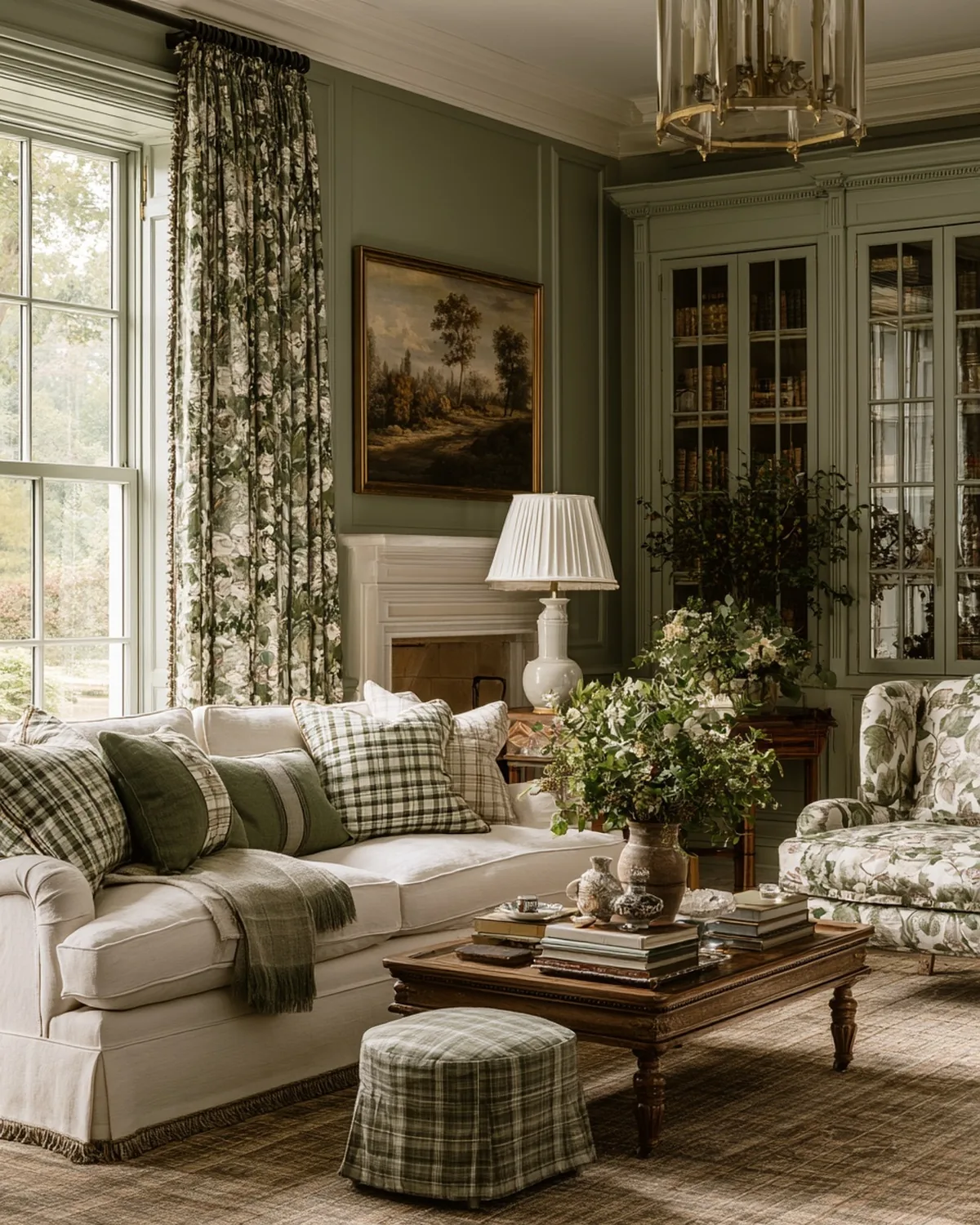 Living room with a linen sofa and oak table