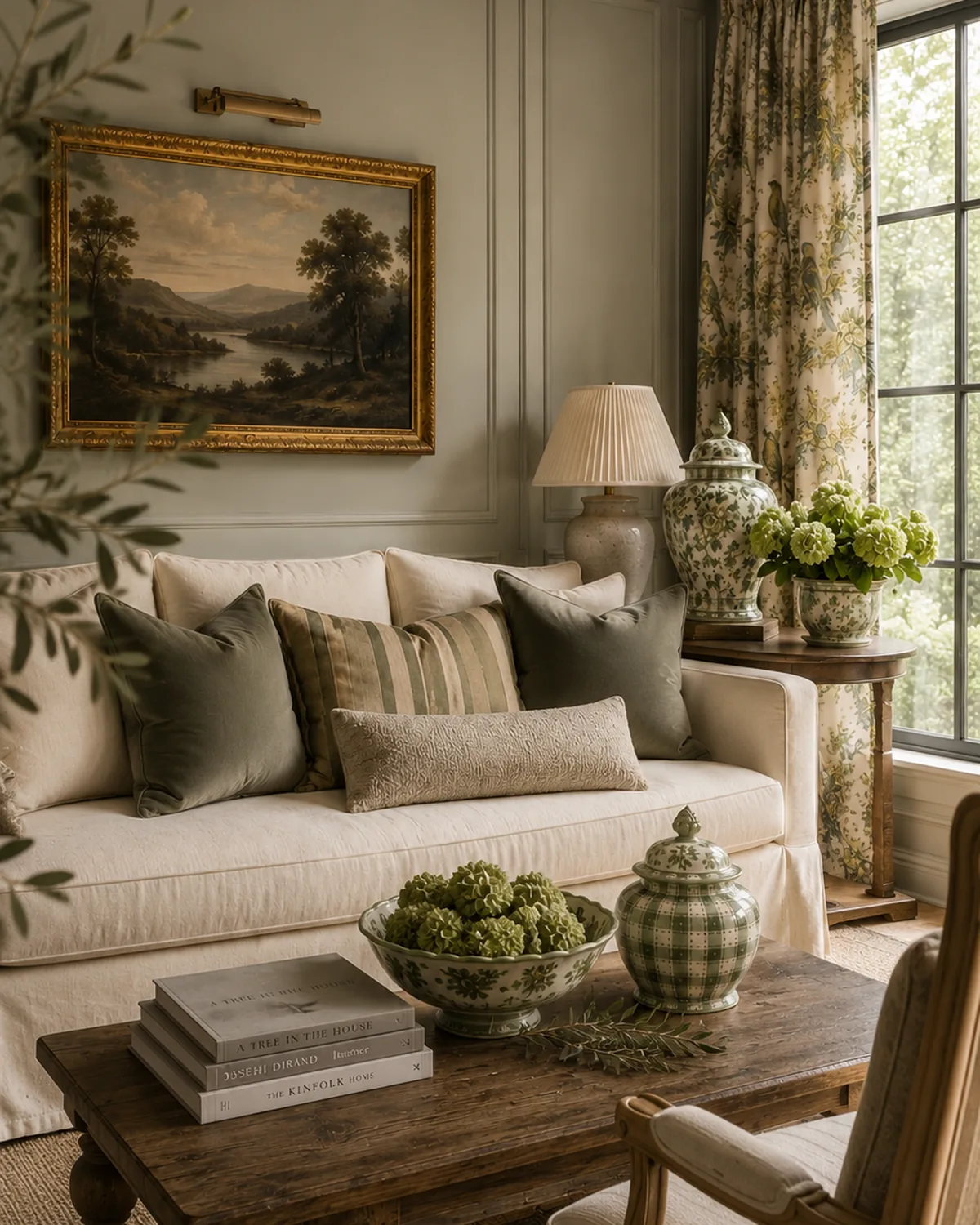 Upholstered sofa in natural linen