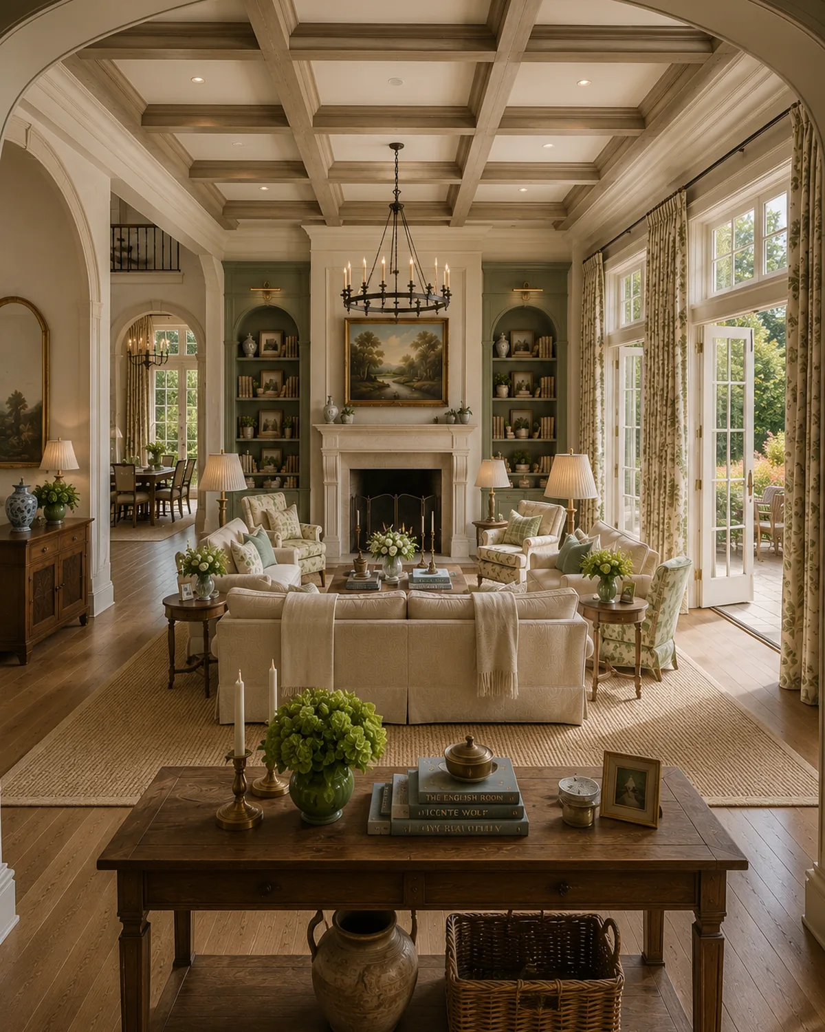 Room mixing traditional millwork with clean furniture