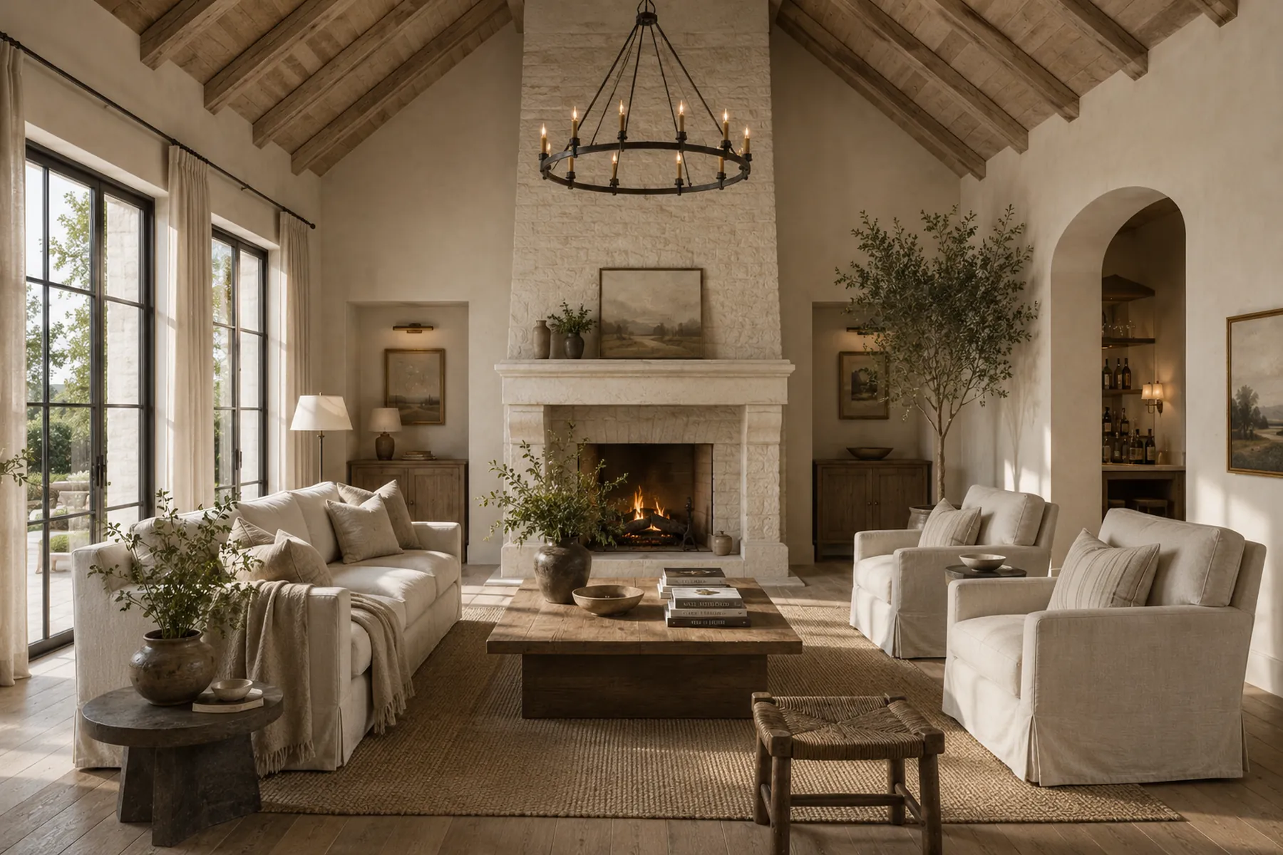 Living room in linen, oak and warm stone