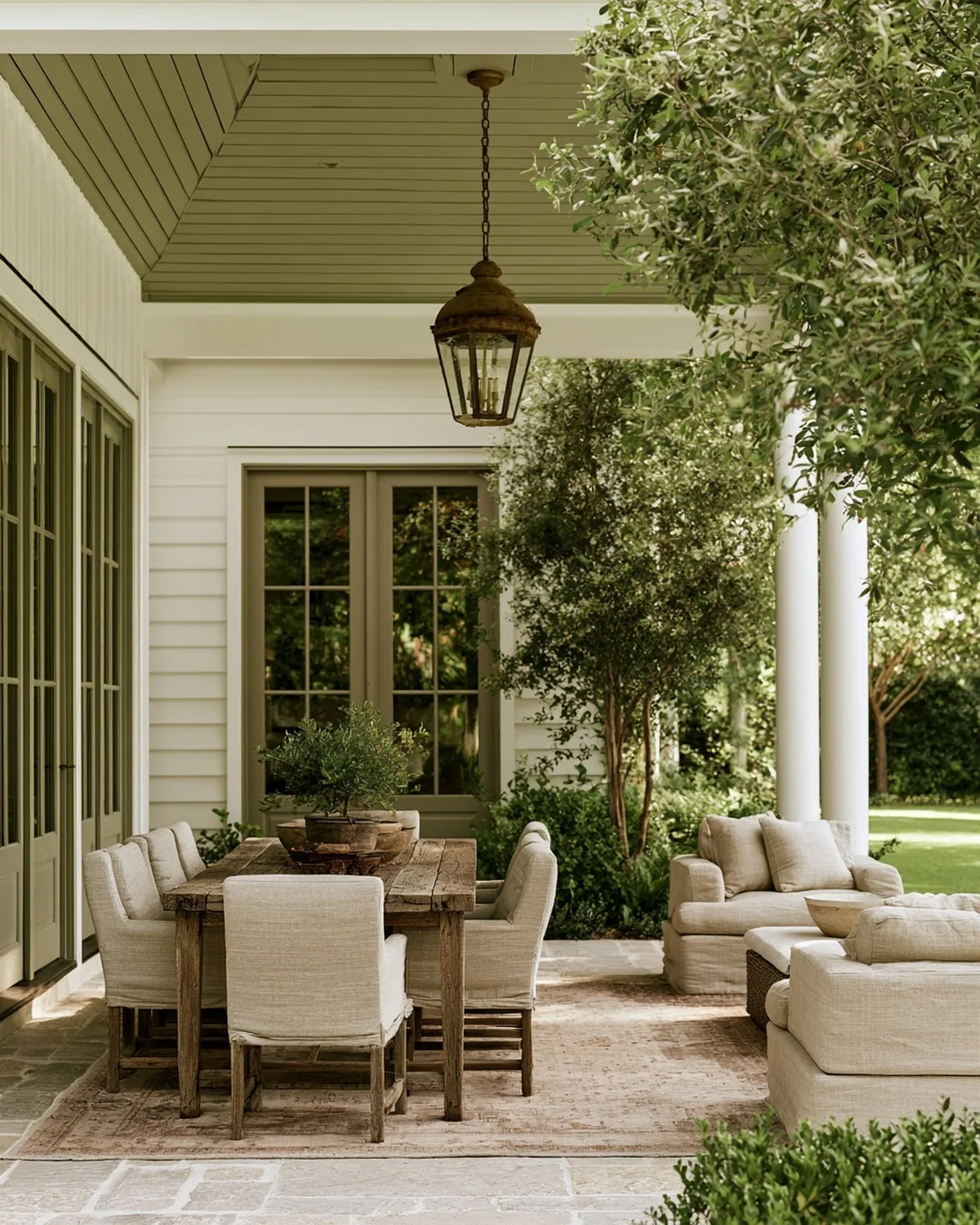 Covered porch with white columns, a lantern and bluestone paving