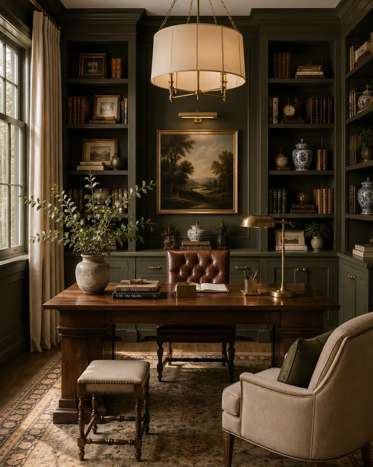 Home office with deep green joinery, a wood desk and a brass picture light