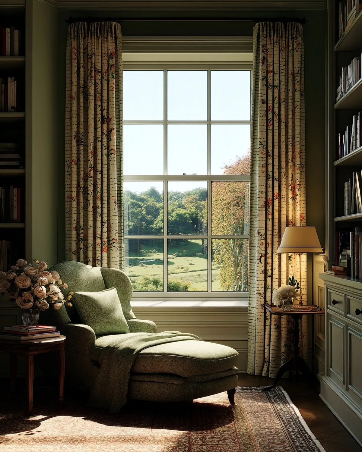 Reading chair at a tall window between built-in bookcases