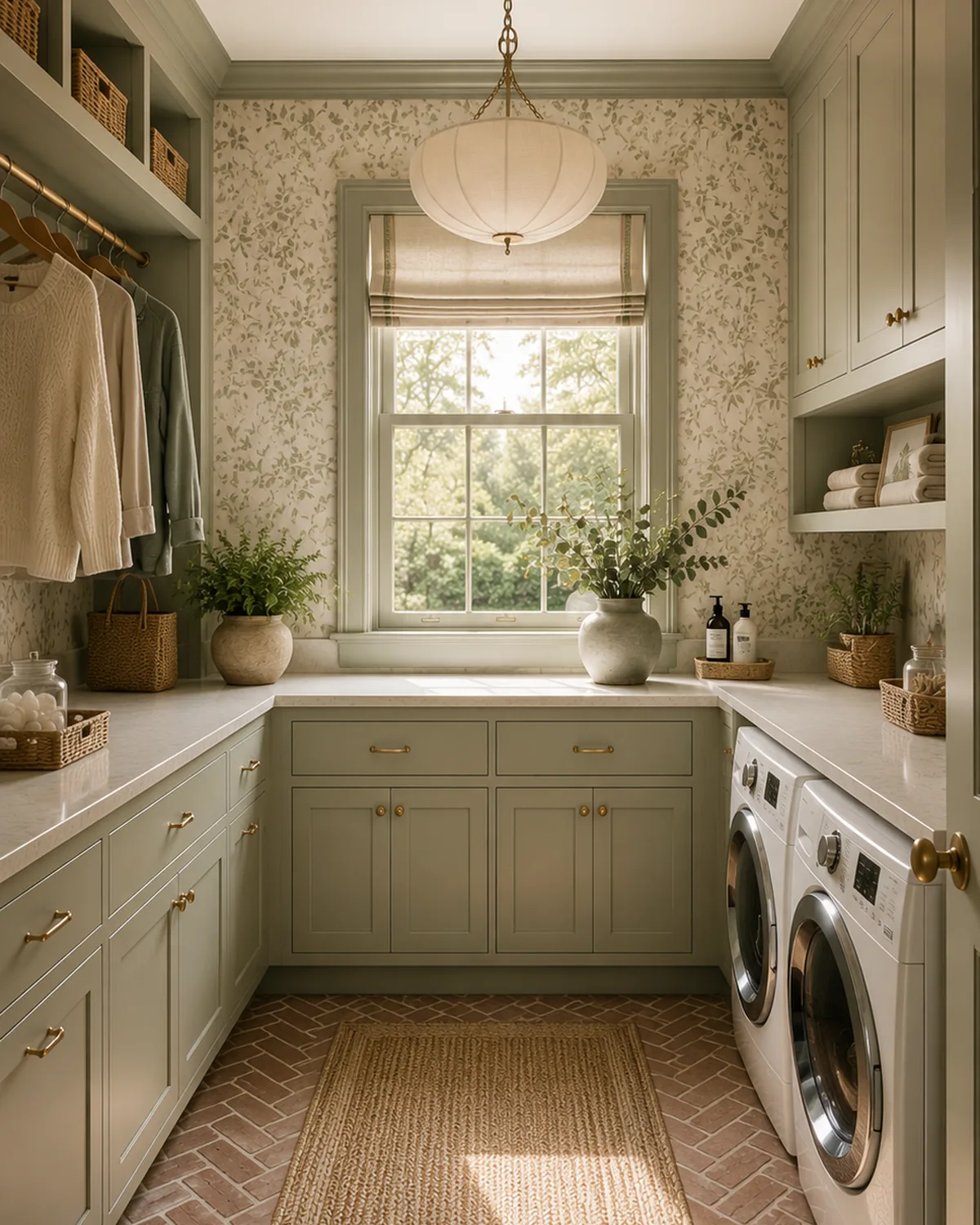 Mudroom with green joinery, herringbone brick floor and a built-in bench