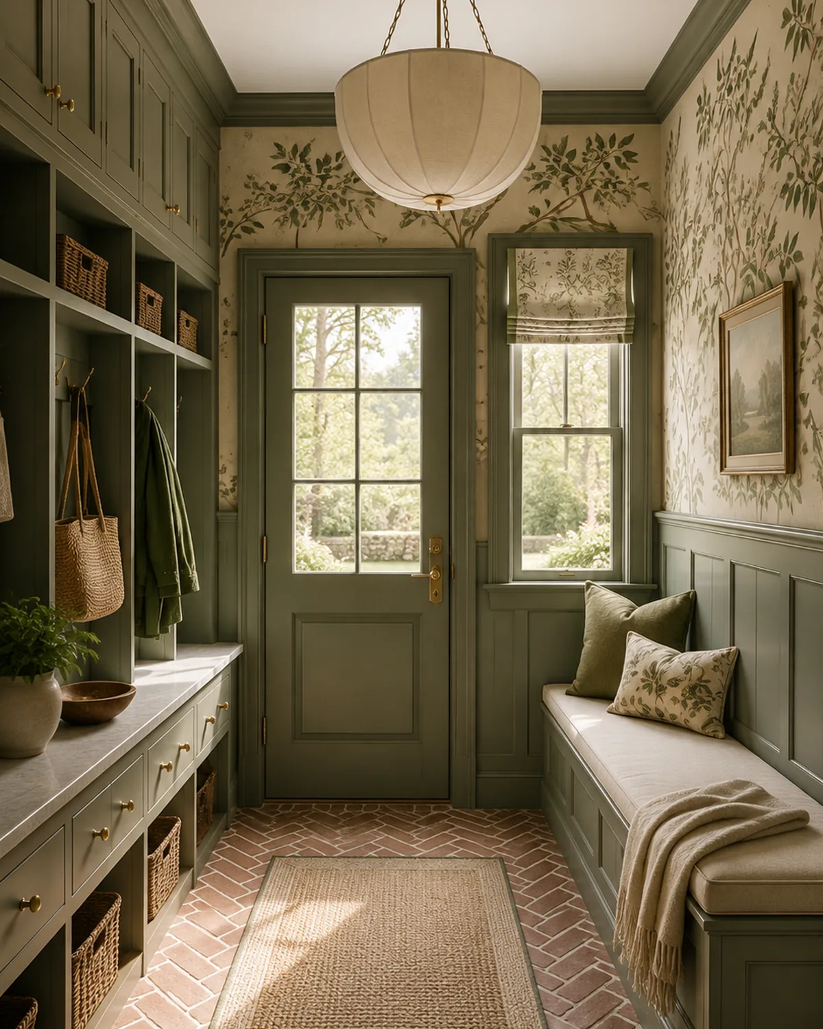Mudroom with a brass lantern, hooks and a door open to the garden