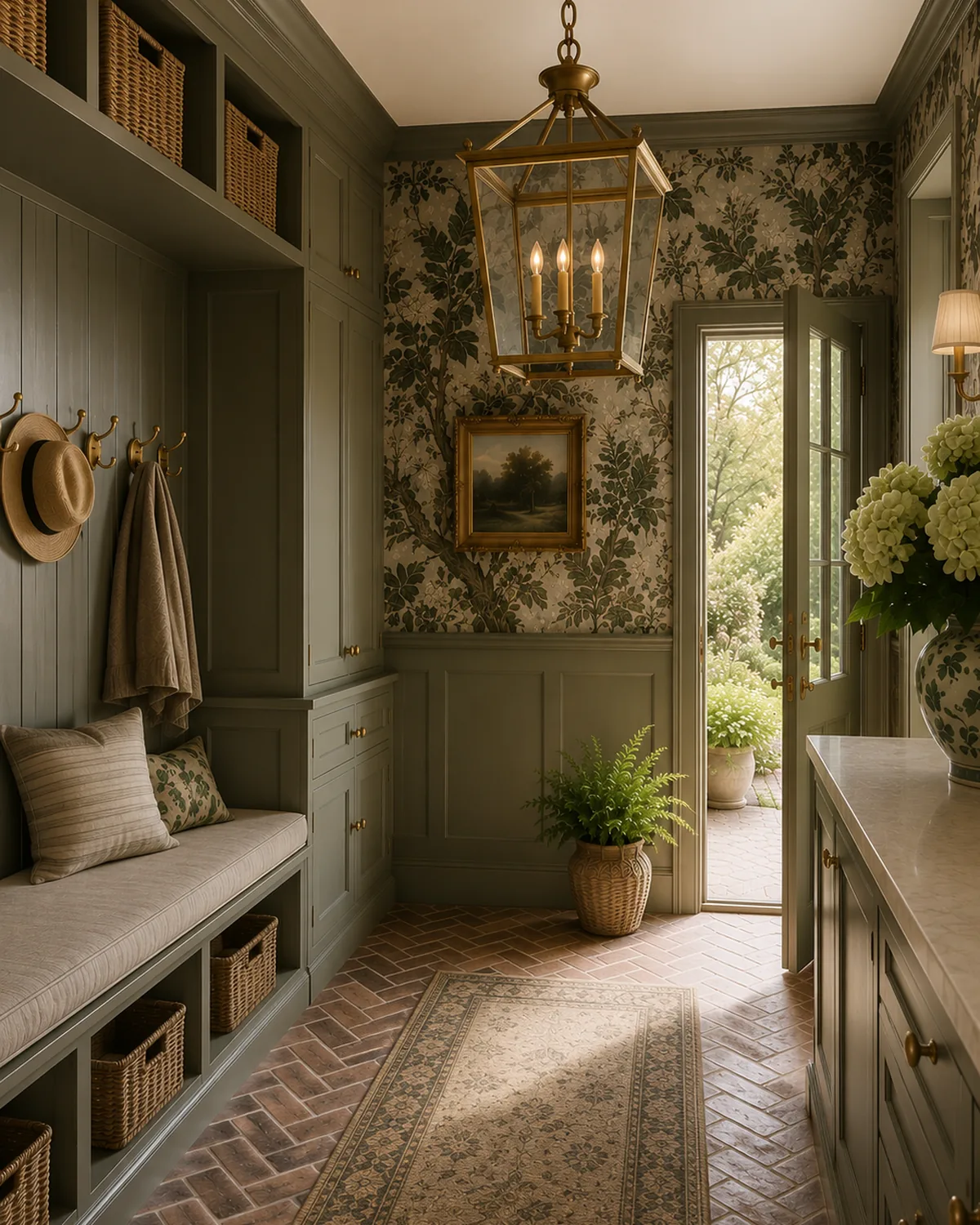 Laundry room with a hanging rail, stone counter and a pleated shade