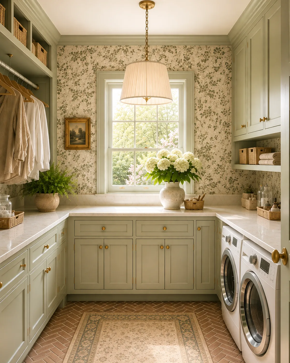 Laundry room with sage cabinetry and a window over the counter