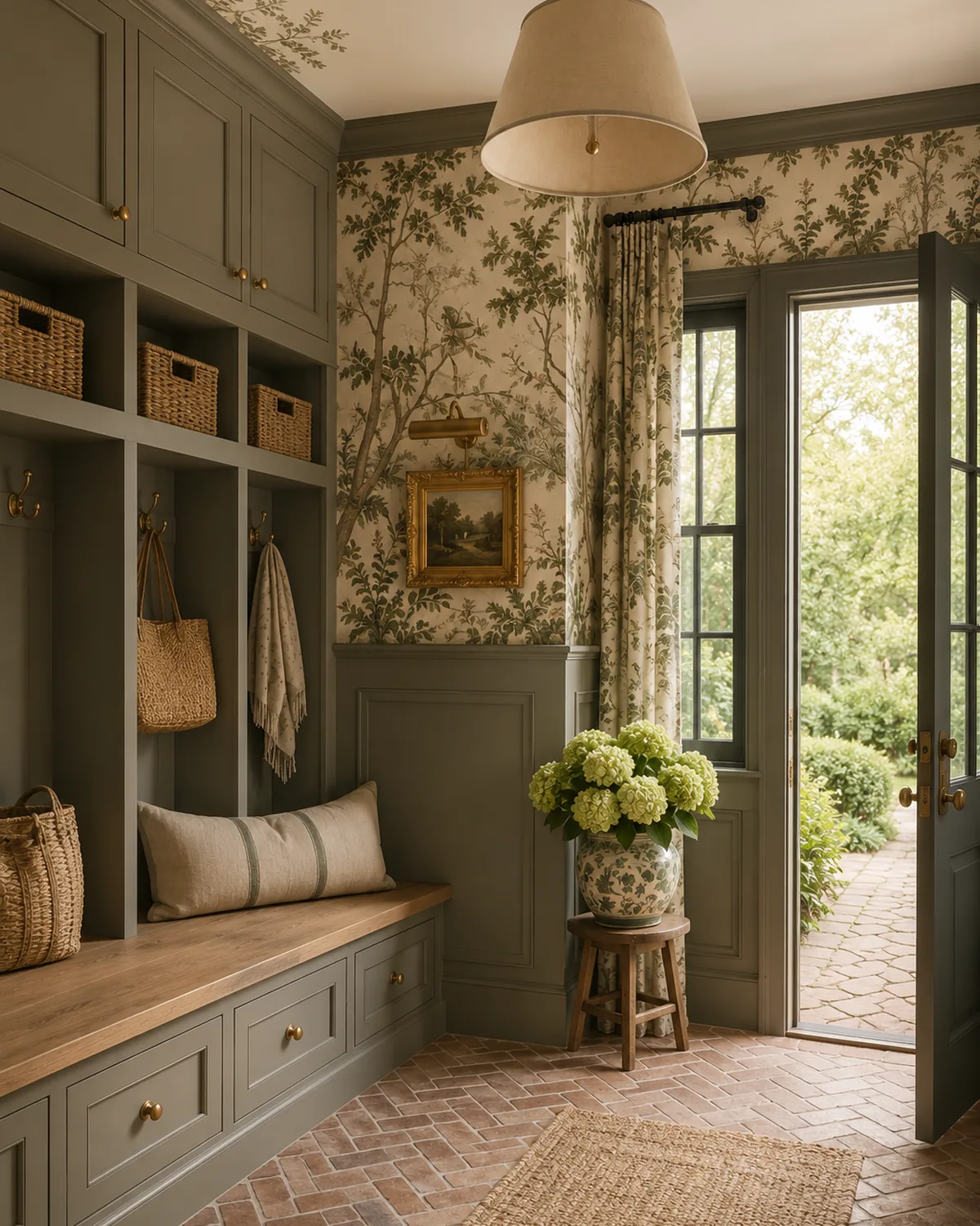 Mudroom with open lockers, an oak bench and botanical wallpaper