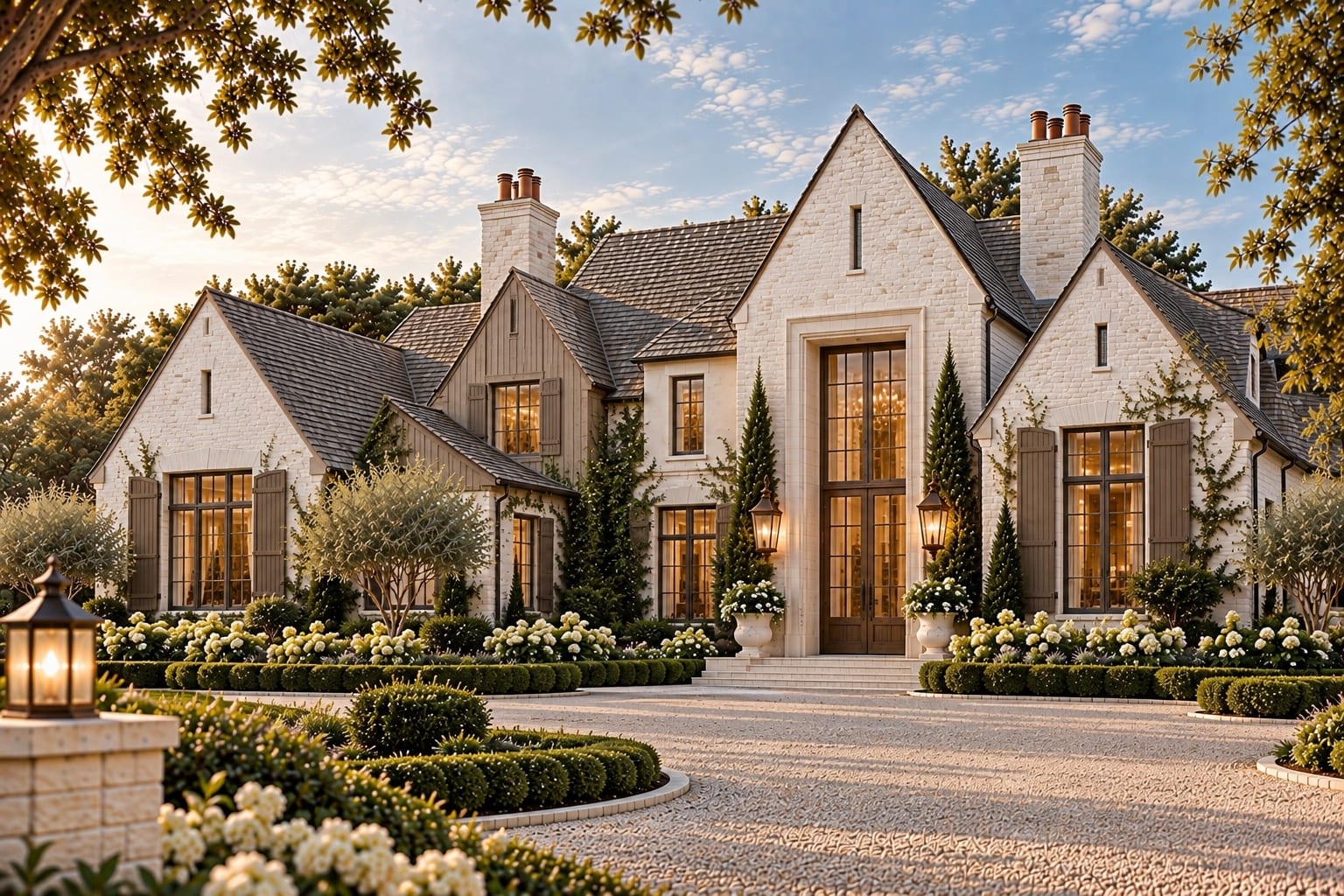 Varenne — a pale ivory brick estate with steep charcoal slate rooflines, copper chimney pots, mushroom-taupe shutters and a monumental wood entrance, set behind clipped boxwood and a gravel motor court