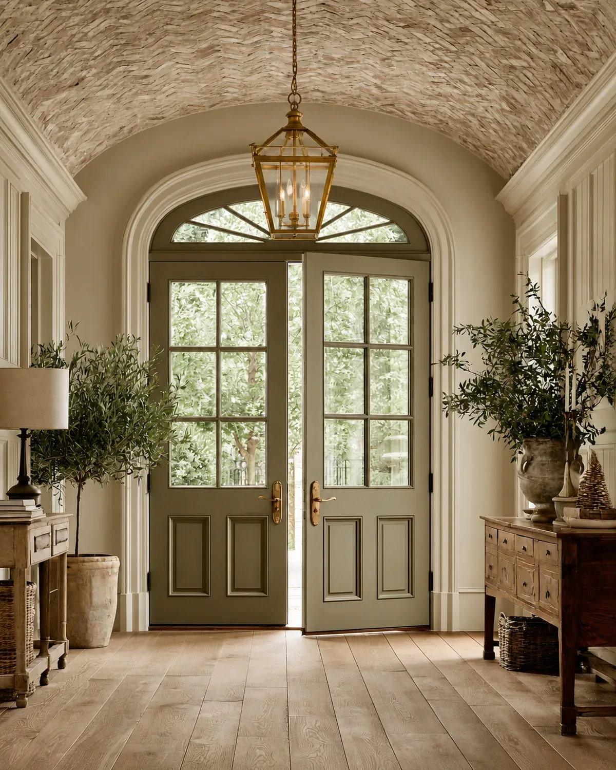 Entry foyer with a barrel vaulted brick ceiling in herringbone and olive double doors