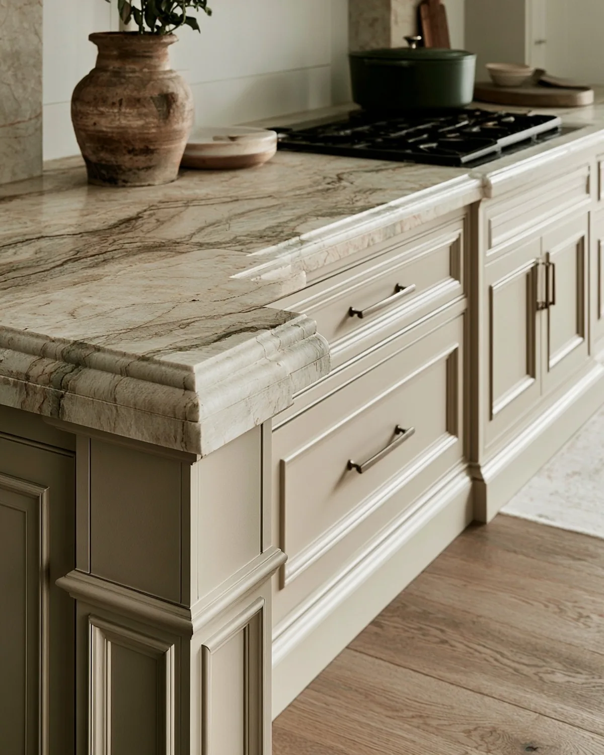 Quartzite countertop with a stacked ogee edge above cream cabinetry