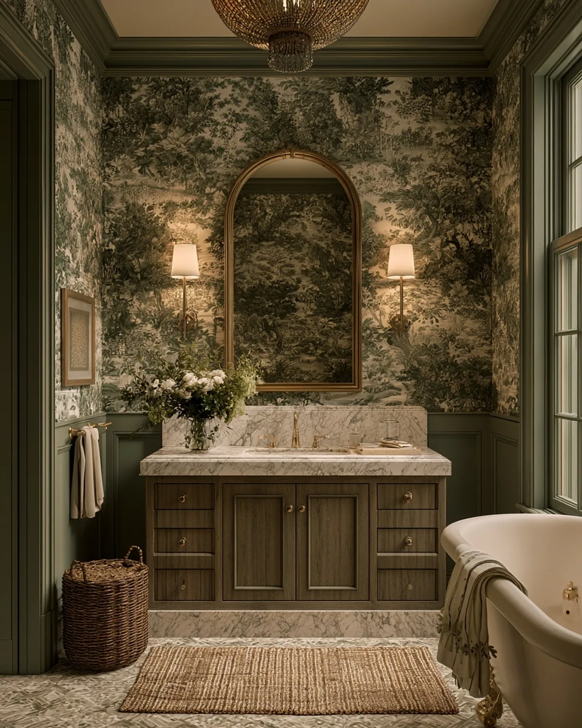 Bathroom wrapped in green botanical toile wallpaper with a marble vanity