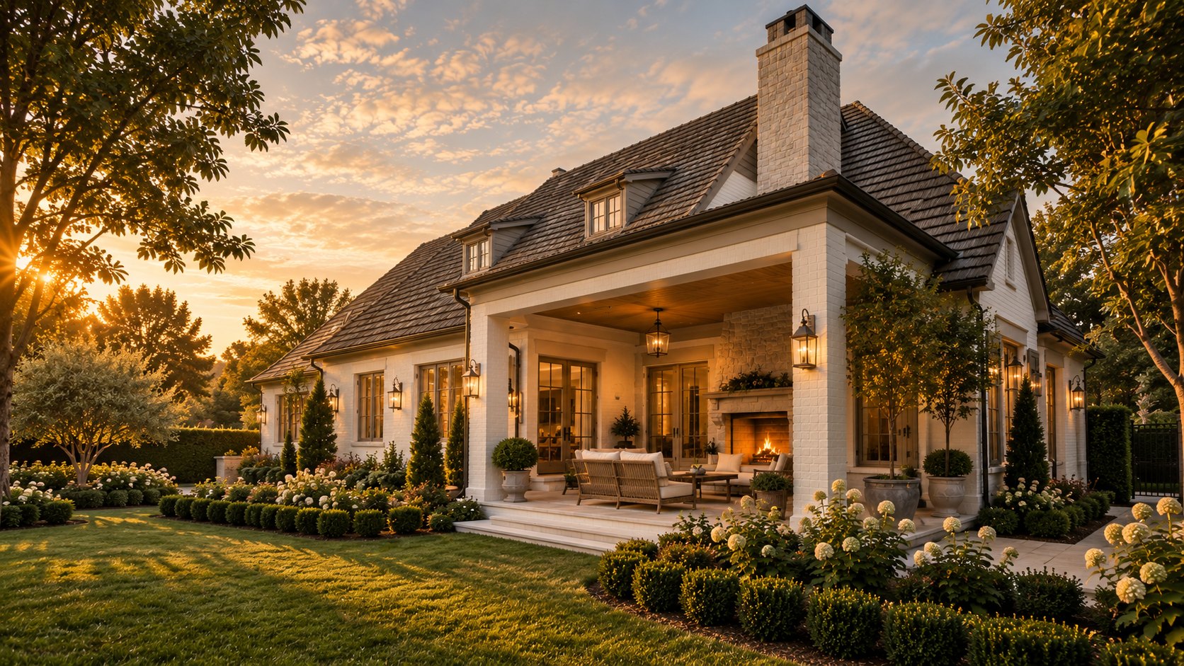 Rear terrace of a white Sunlit Studio estate at golden hour, with a covered outdoor fireplace, gardens and lawn
