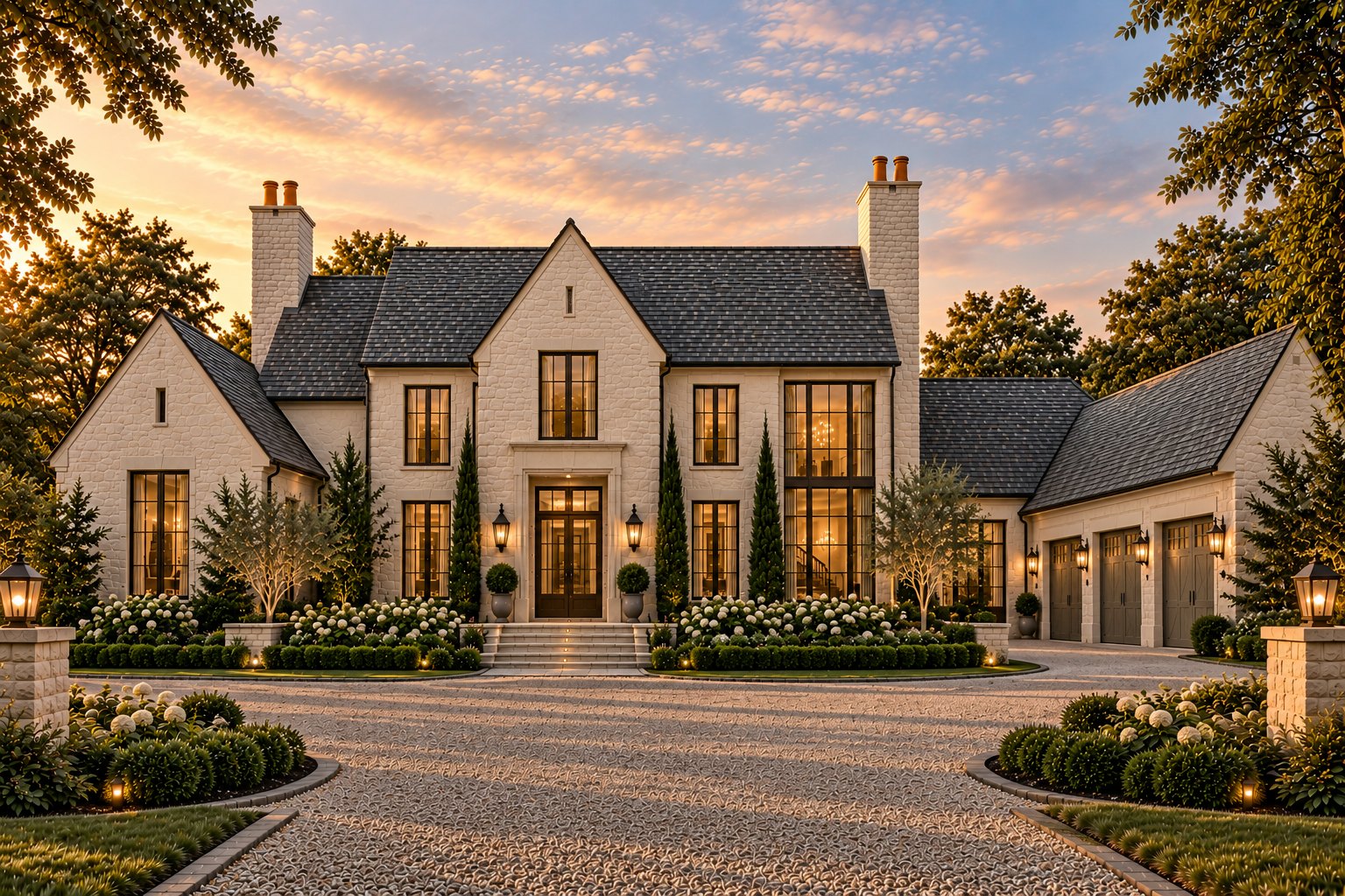 Front elevation of a pale stone estate at sunset, with tall black-framed windows, twin chimneys and a three-car garage wing beside a gravel forecourt